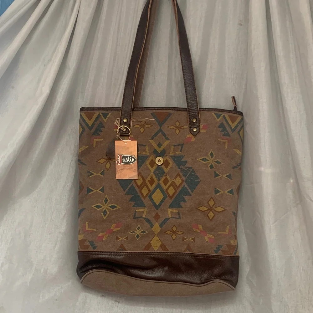 Justin Boots Brown Southwestern Tote with Multicolor Diamond Pattern
